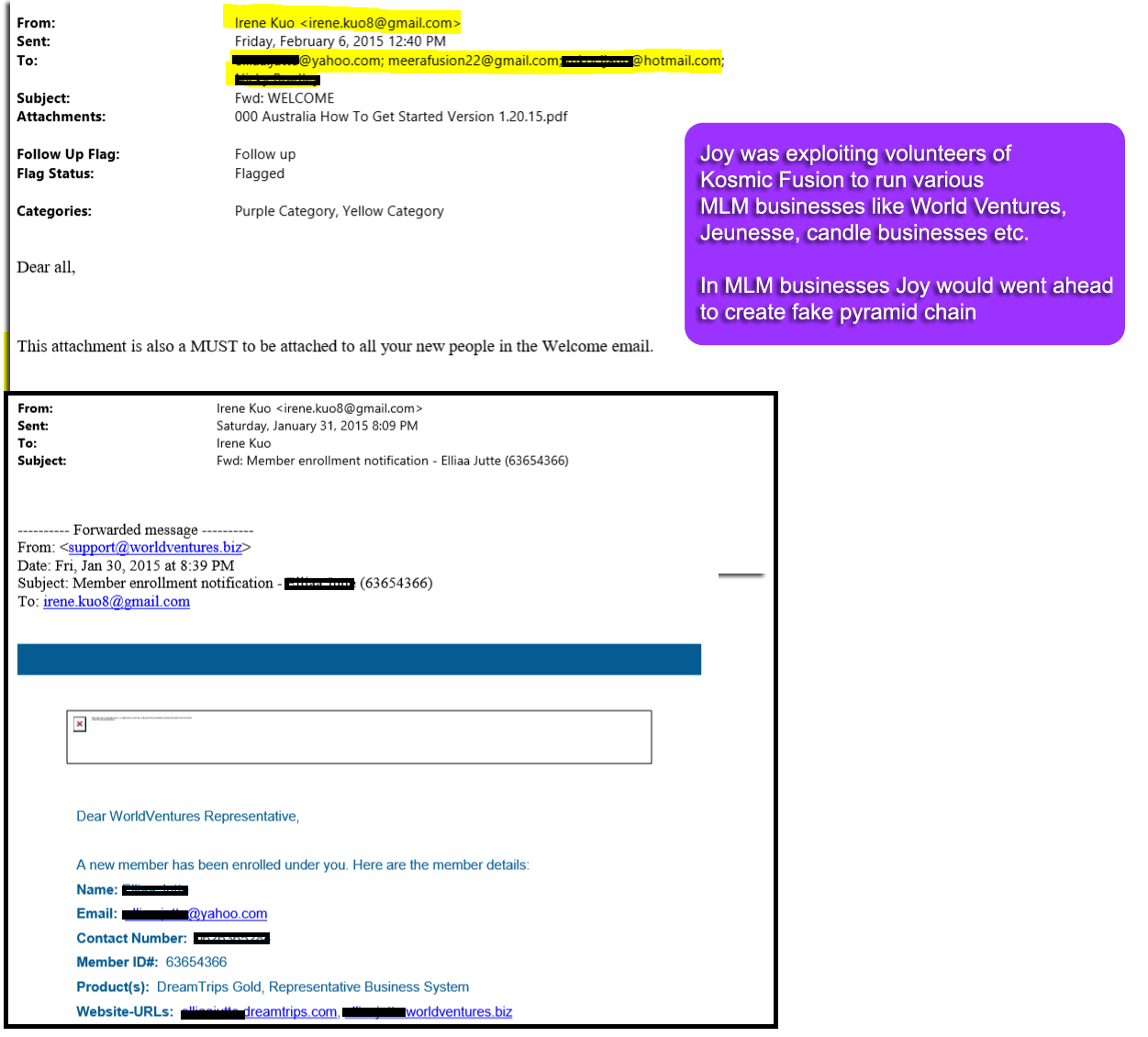 Joy Kuo made unsolicited approaches and fake sales of Multi Level Marketing businesses like World Venture and Jeunesse to Kosmic Fusion volunteers