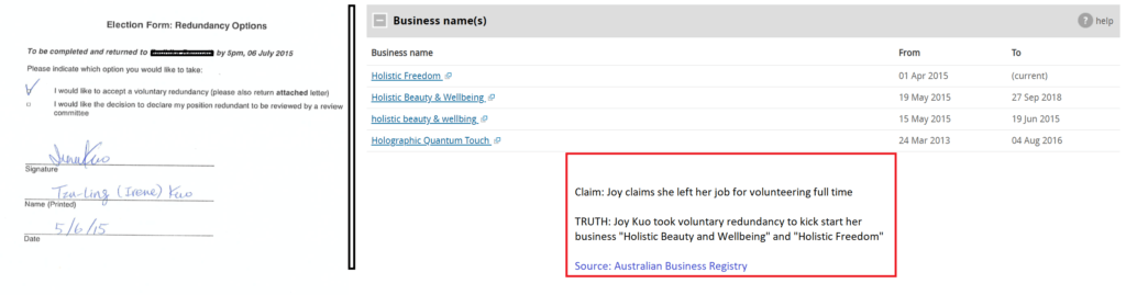 Joy Kuo took “voluntary redundancy” as a librarian at University of Sydney to run her companies Holographic Quantum Touch, Holistic Freedom & Wellbeing, Holistic Freedom, Kosmic Fusion Australia, Komal Hanuman