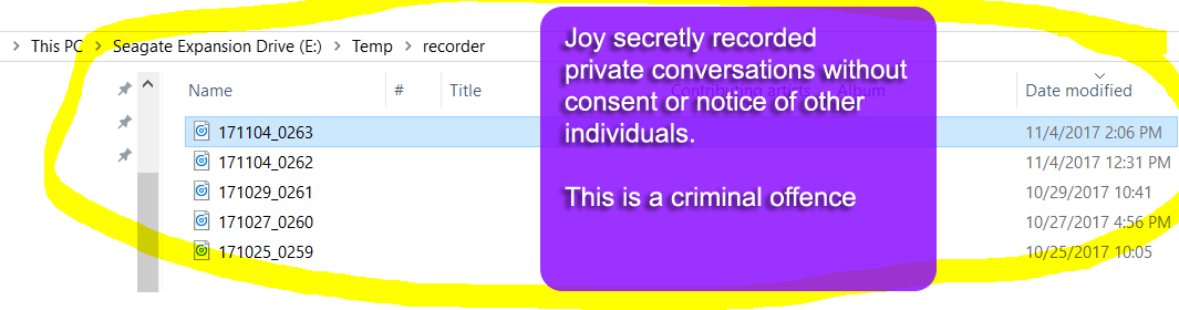 Joy Kuo secretly and covertly recorded conversations without consent - October and November 2017