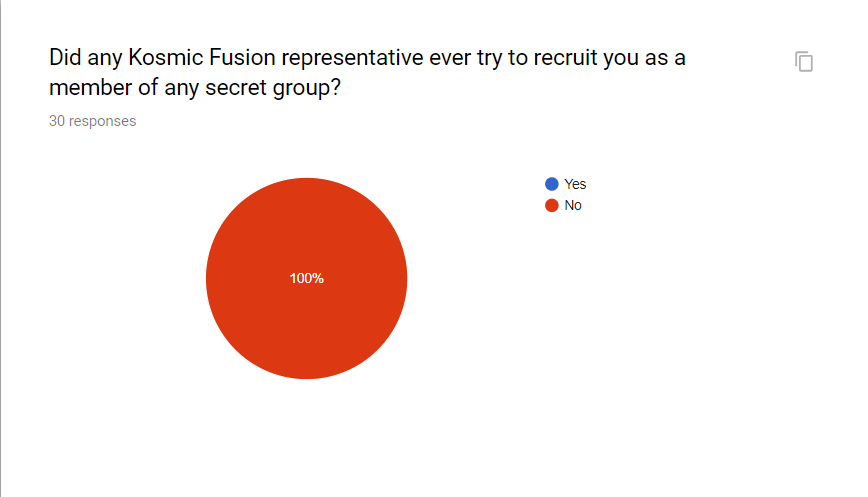 Did any Kosmic Fusion representative ever try to recruit you as a member of any secret group